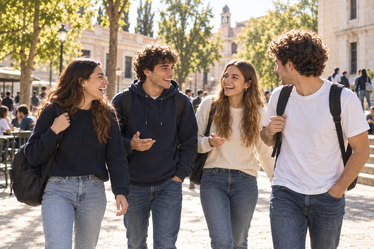 Un grupo de estudiantes camina junto por el campus.
